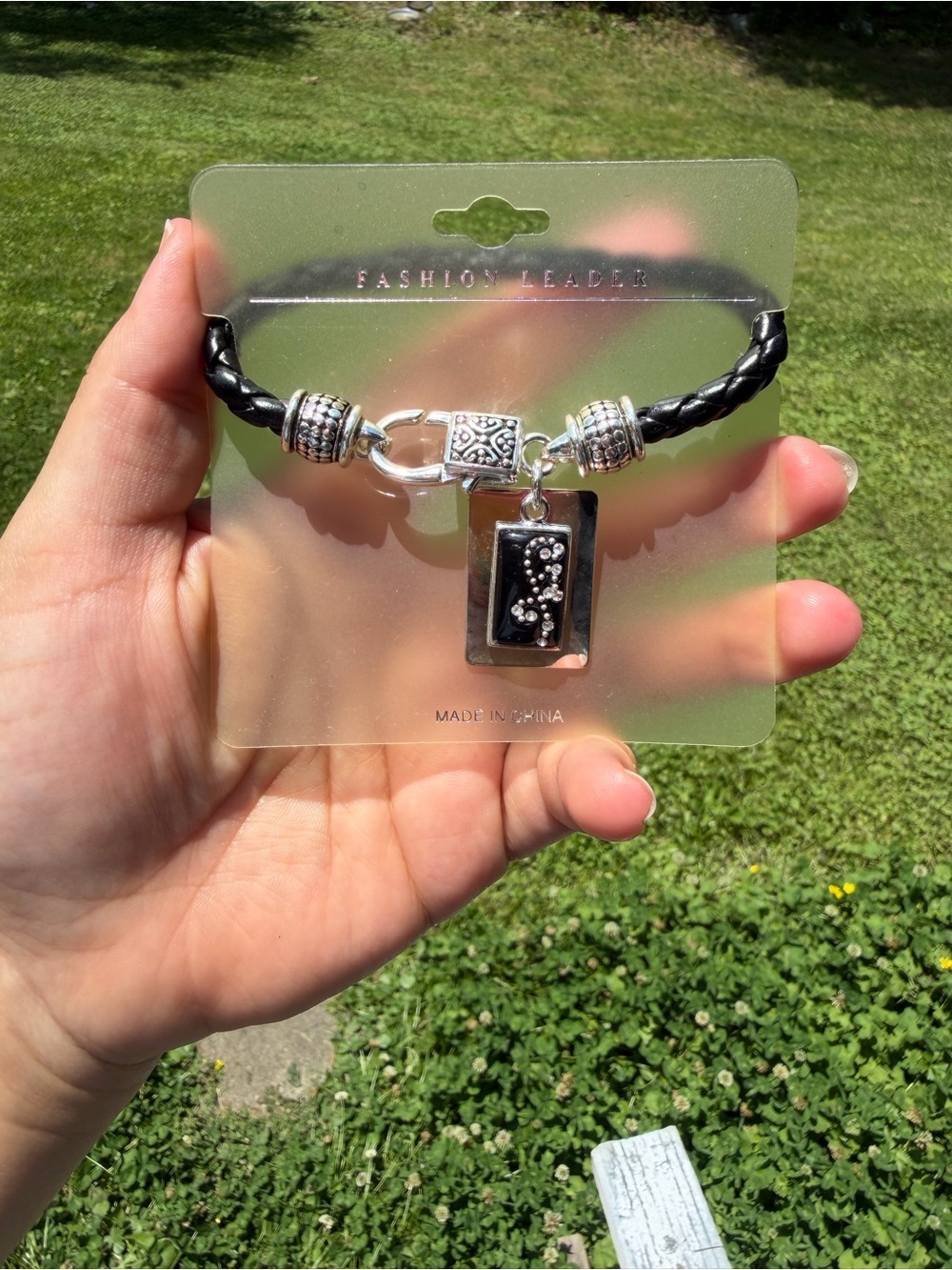Black Braided Leather Bracelet with Silver Charm